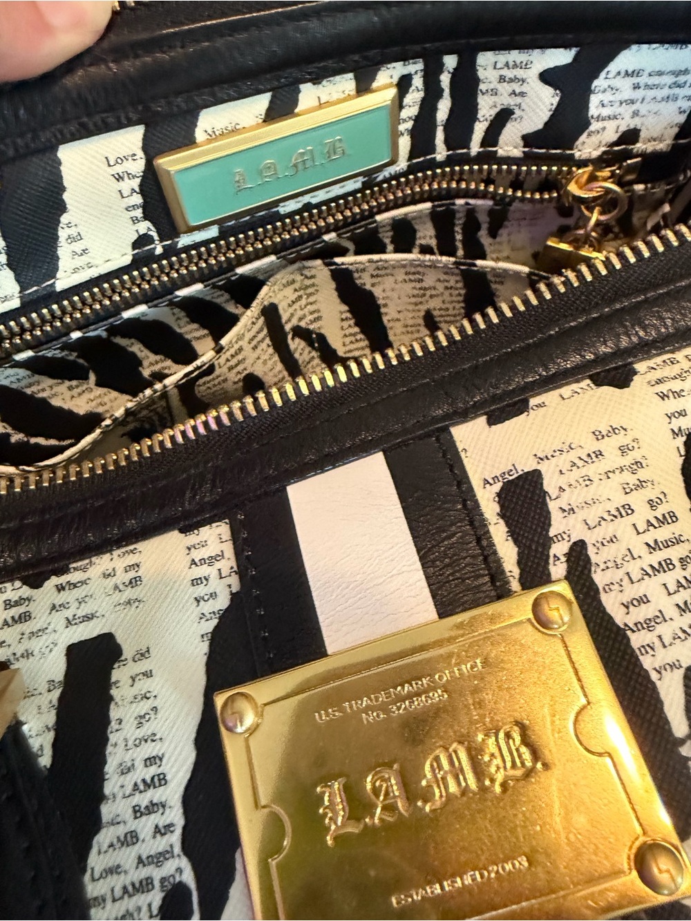 L.A.M.B. Black and White Zebra Stripe Satchel with Gold Plaque - Picture 8 of 9